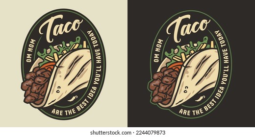 Mexican taco vector food with meat and vegetable for logo or emblem. Traditional tacos Mexico food.
