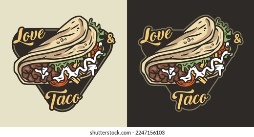 Mexican taco vector food with meat and vegetable for logo or emblem. Traditional tacos Mexico food.