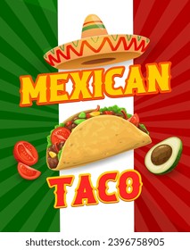 Mexican tacos banner. Vector background with tex mex meal, avocado and sombrero hat on national flag. Savor the flavor, indulge mouthwatering fiesta with delectable snack of Mexico cuisine