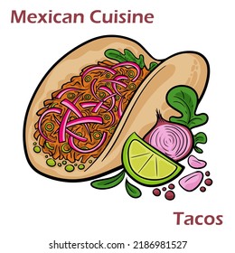 Mexican tacos with beef, tomatoes, avocado, chilli and onions isolated on white background.