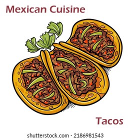 Mexican tacos with beef, tomatoes, avocado, chilli and onions isolated on white background.