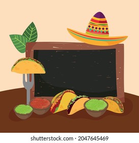 mexican tacos and chalkboard with hat