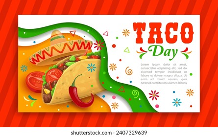 Mexican tacos day paper cut banner. Mexican takeaway food restaurant poster, Mexico cuisine holiday party or Tex Mex fastfood meal day celebration vector flyer with taco, chili, tomato and sombrero