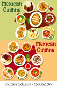 Mexican tacos, fajitas and nachos with meat, vegetable, salsa and guacamole sauce. Stuffed pepper, bean sandwiches and chicken quesadilla, rice with beef chilli con carne, tomato soup and bacon potato