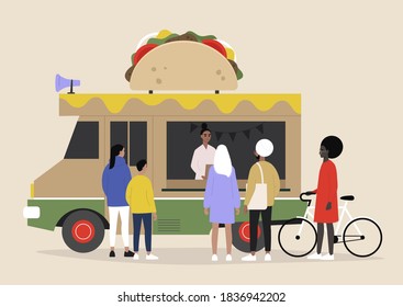 Camión de comida de tacos mexicanos, gente ordenando y esperando su comida para llevar