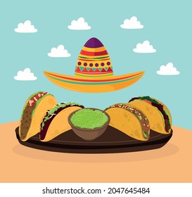 mexican tacos and hat with guacamole