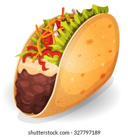 Mexican Tacos Icon/
Illustration of an appetizing cartoon fast food mexican taco icon, with corn wrap, salad leaves, tomatoes, cheese and beef meat with chili beans, for takeout restaurant