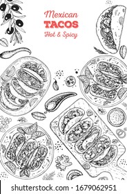 tacos e ingredientes mexicanos para tacos, esbozar ilustración. Marco de cocina mexicana. Elementos de diseño de menús de comida rápida. Marco dibujado a mano de tacos. La comida mexicana. Estilo grabado