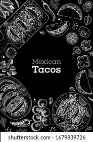 Mexican tacos and ingredients for tacos, sketch illustration. Mexican cuisine frame. Fast food menu design elements. Tacos hand drawn frame. Mexican food. Engraved style