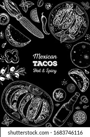 Mexican tacos and ingredients for tacos, sketch illustration. Mexican cuisine frame. Fast food menu design elements. Tacos hand drawn frame. Mexican food. Engraved style