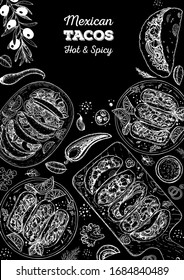 Mexican tacos and ingredients for tacos, sketch illustration. Mexican cuisine frame. Fast food menu design elements. Tacos hand drawn frame. Mexican food. Engraved style