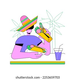Mexican tacos isolated cartoon vector illustrations. Smiling man eating tacos, Mexican traditional dish, fast food addiction, people lifestyle, street food restaurant vector cartoon.