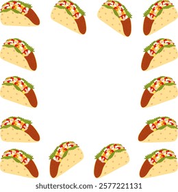 Mexican Tacos with meat filling, salad leaves and salsa sauce Square Frame Border. Taco Day Template