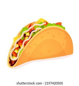 Mexican tacos with meat, vegetables and cheese and sauce, isolated on white background cartoon vector illustration