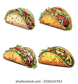 Mexican tacos with meat and vegetables isolated on white background.