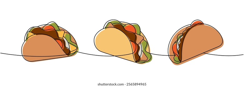 Mexican tacos one line colored continuous drawing. Tacos tortilla with meat with vegetables. Vector linear illustration.