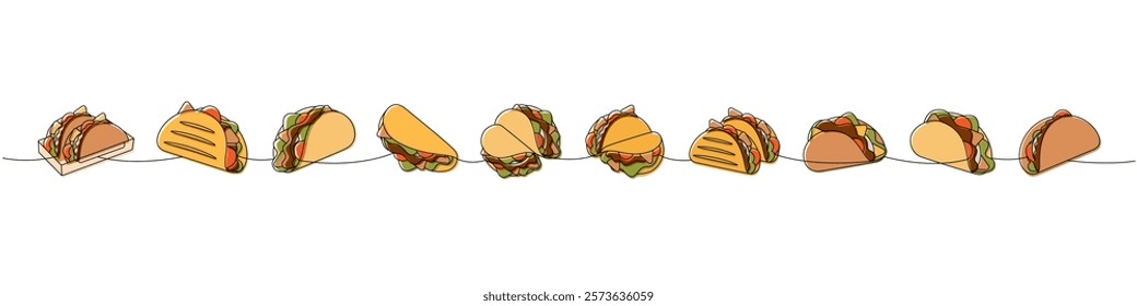 Mexican tacos one line colored continuous drawing. Traditional Mexican fast-food. Vector linear illustration.