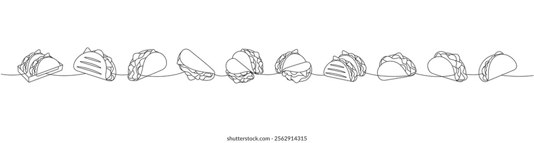 Mexican tacos one line continuous drawing. Traditional Mexican fast-food. Vector linear illustration.