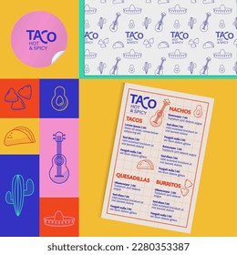 Mexican tacos restaurant branding elements.
Food icons, menu, wrapping paper, logo.
Vector identity design. 