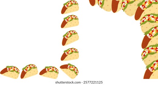 Mexican Tacos with salad, sauce and greens Corner Frame borders Greeting Set 2 Copy space Template