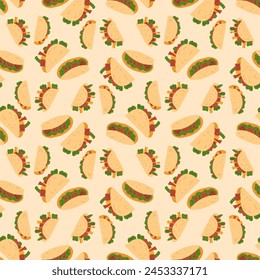 Mexican tacos seamless pattern. Trendy fast food endless background. Grilled beef with vegetable sandwich repeat cover. Taco snack loop ornament. Vector flat illustration.
