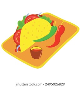 Mexican tacos with vegetables, meat, chili pepper and sauce