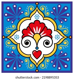 Mexican talavera ceramic single tile vector seamless pattern, decorative floral design perfect for greeting card or textiles, fabric print. Traditional folk art style ornament with flowers, heart 