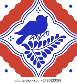 Mexican Talavera Ceramic Tile With Bird. Pattern From Mexico. Traditional Puebla Songbird. Vector Illustration. 