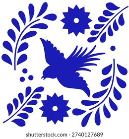 Mexican Talavera Ceramic Tile With Bird And Flower. Traditional Puebla Pattern From Mexico. Vector Illustration.