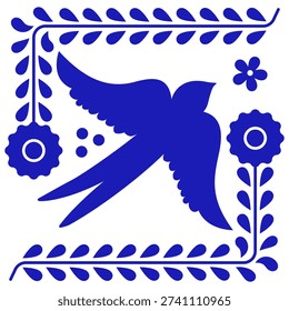 Mexican Talavera Ceramic Tile With Bird And Flower. Traditional Puebla Pattern From Mexico. Vector Illustration.