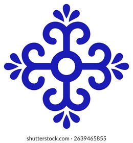 Mexican talavera ceramic tile with blue splash and cross. Traditional style from Puebla.