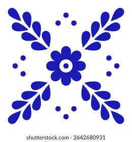 Mexican talavera ceramic tile with flower. Traditional style from Puebla. Vector illustration. Mosaic design art.