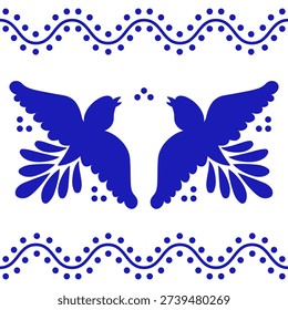 Mexican Talavera Ceramic Tile With A Pair Of Birds. Traditional Puebla Pattern From Mexico. Vector Illustration.