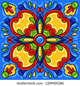 Mexican talavera ceramic tile pattern. Ethnic folk ornament. Italian pottery, portuguese azulejo or spanish majolica.
