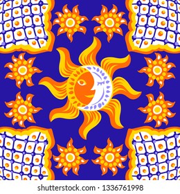 Mexican Talavera Ceramic Tile Pattern. Cute Naive Sun And Moon. Ethnic Folk Ornament.