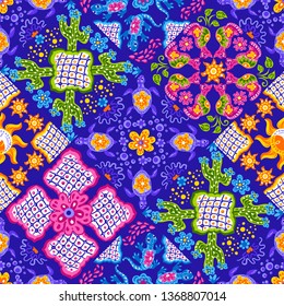Mexican talavera ceramic tile pattern. Cute naive art items. Ethnic folk ornament.