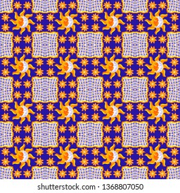 Mexican talavera ceramic tile pattern. Cute naive sun and moon. Ethnic folk ornament.