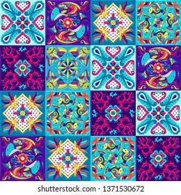 Mexican talavera ceramic tile pattern with fishes. Traditional decorative objects. Ethnic folk ornament. Decoration with ornamental flowers.
