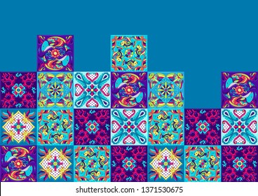 Mexican talavera ceramic tile pattern with fishes. Traditional decorative objects. Ethnic folk ornament. Decoration with ornamental flowers.