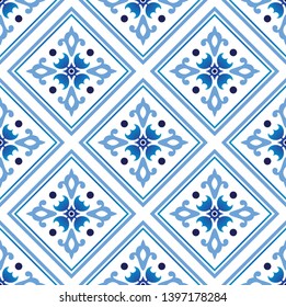 Mexican talavera ceramic tile pattern, Italain pottery decor, Portuguese azulejo seamless design, colorful Spanish majolica ornament, blue and white floral wallpaper background, vector illustration