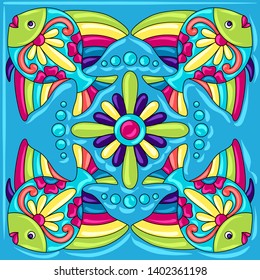 Mexican talavera ceramic tile pattern with fishes. Traditional decorative objects. Ethnic folk ornament. Decoration with ornamental flowers.
