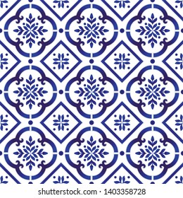 Mexican Talavera ceramic tile pattern, Italain pottery decor, Portuguese Azulejo seamless design, colorful Spanish majolica ornament, blue and white antique wallpaper background, vector illustration