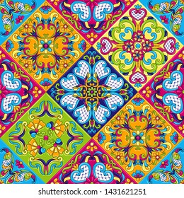 Mexican talavera ceramic tile pattern. Traditional decorative objects. Ethnic folk ornament. Decoration with ornamental flowers.