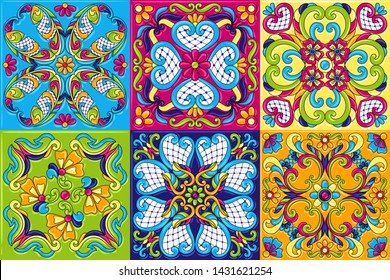 Mexican talavera ceramic tile pattern. Traditional decorative objects. Ethnic folk ornament. Decoration with ornamental flowers.