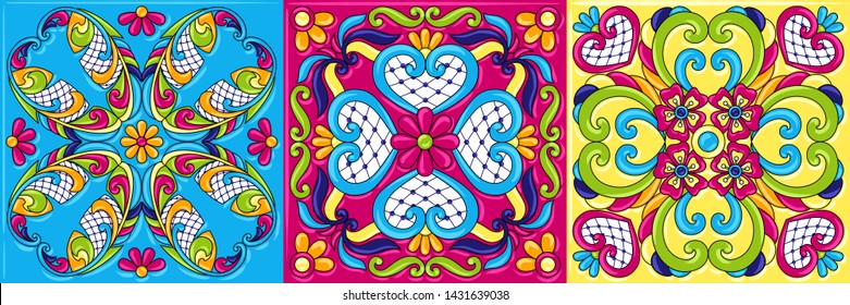 Mexican talavera ceramic tile pattern. Traditional decorative objects. Ethnic folk ornament. Decoration with ornamental flowers.