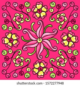 Mexican talavera ceramic tile pattern with flowers. Beautiful decorative buds and leaves. Traditional ethnic folk ornament.