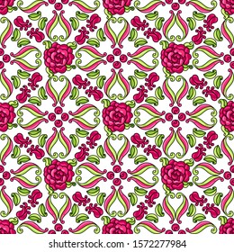 Mexican talavera ceramic tile pattern with flowers. Beautiful decorative buds and leaves. Traditional ethnic folk ornament.