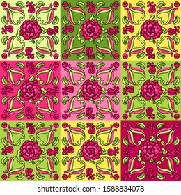 Mexican talavera ceramic tile pattern with flowers. Beautiful decorative buds and leaves. Traditional ethnic folk ornament.
