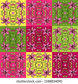 Mexican talavera ceramic tile pattern with flowers. Beautiful decorative buds and leaves. Traditional ethnic folk ornament.