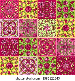 Mexican talavera ceramic tile pattern with flowers. Beautiful decorative buds and leaves. Traditional ethnic folk ornament.